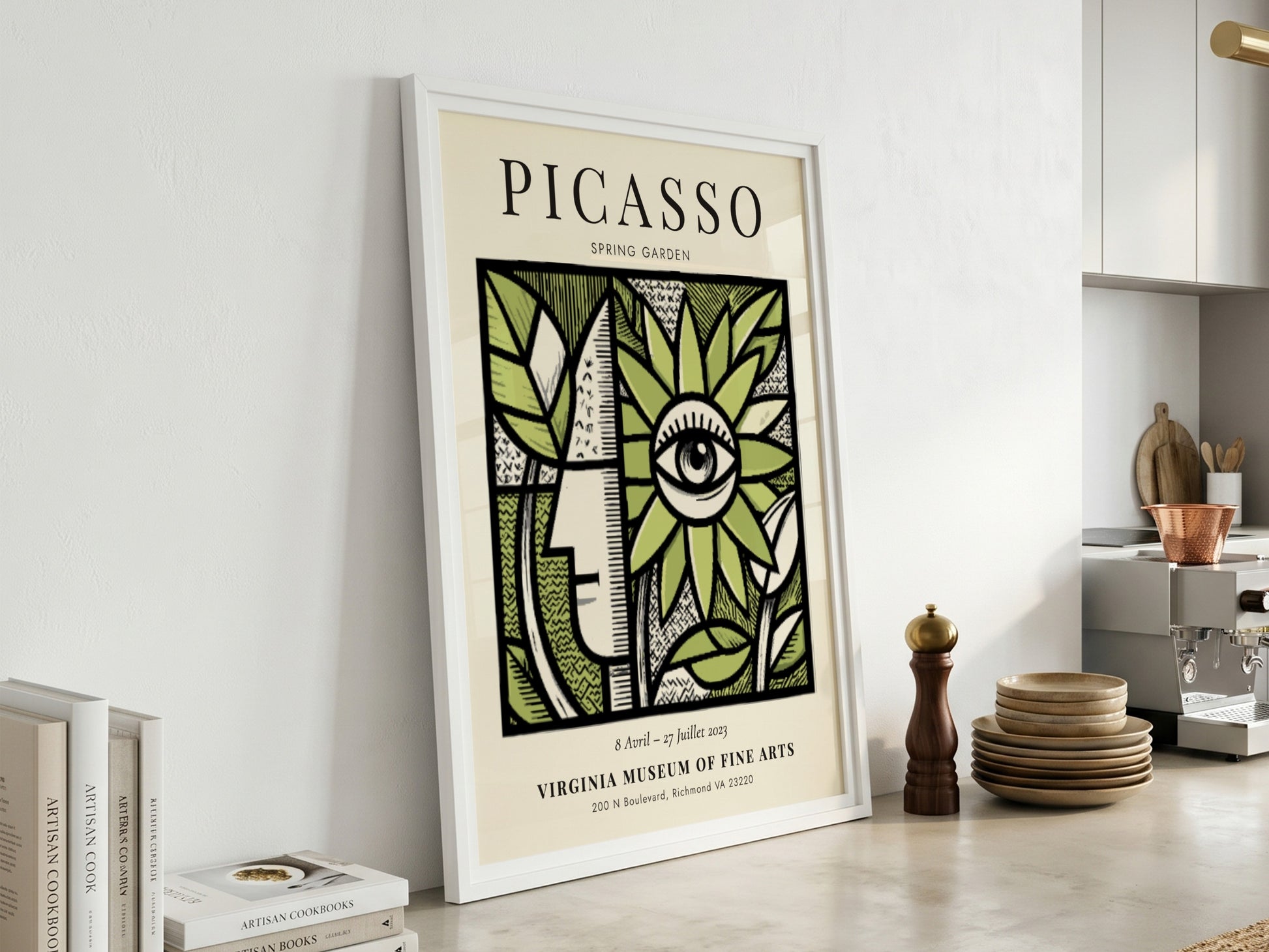 Spring Garden poster featuring vibrant green foliage and abstract design in Picasso style