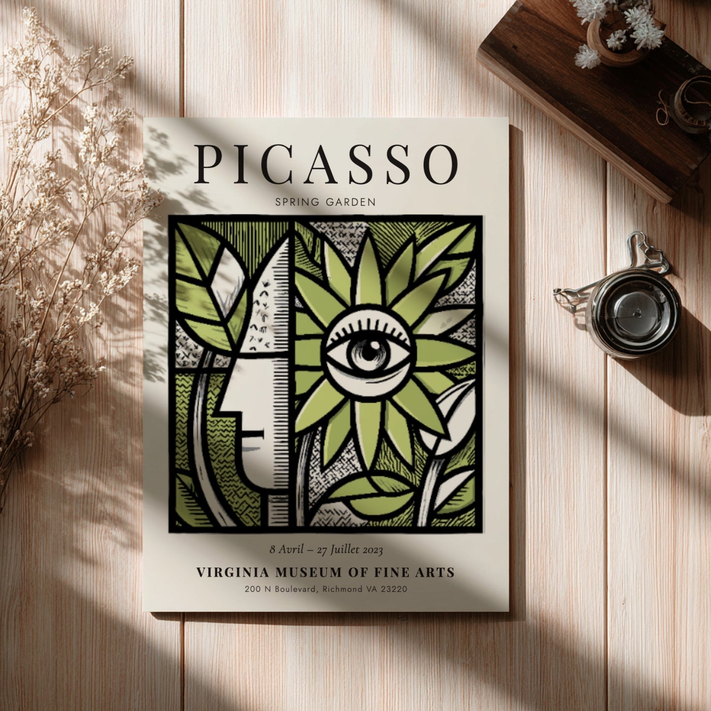 Spring Garden poster featuring vibrant green foliage and abstract design in Picasso style