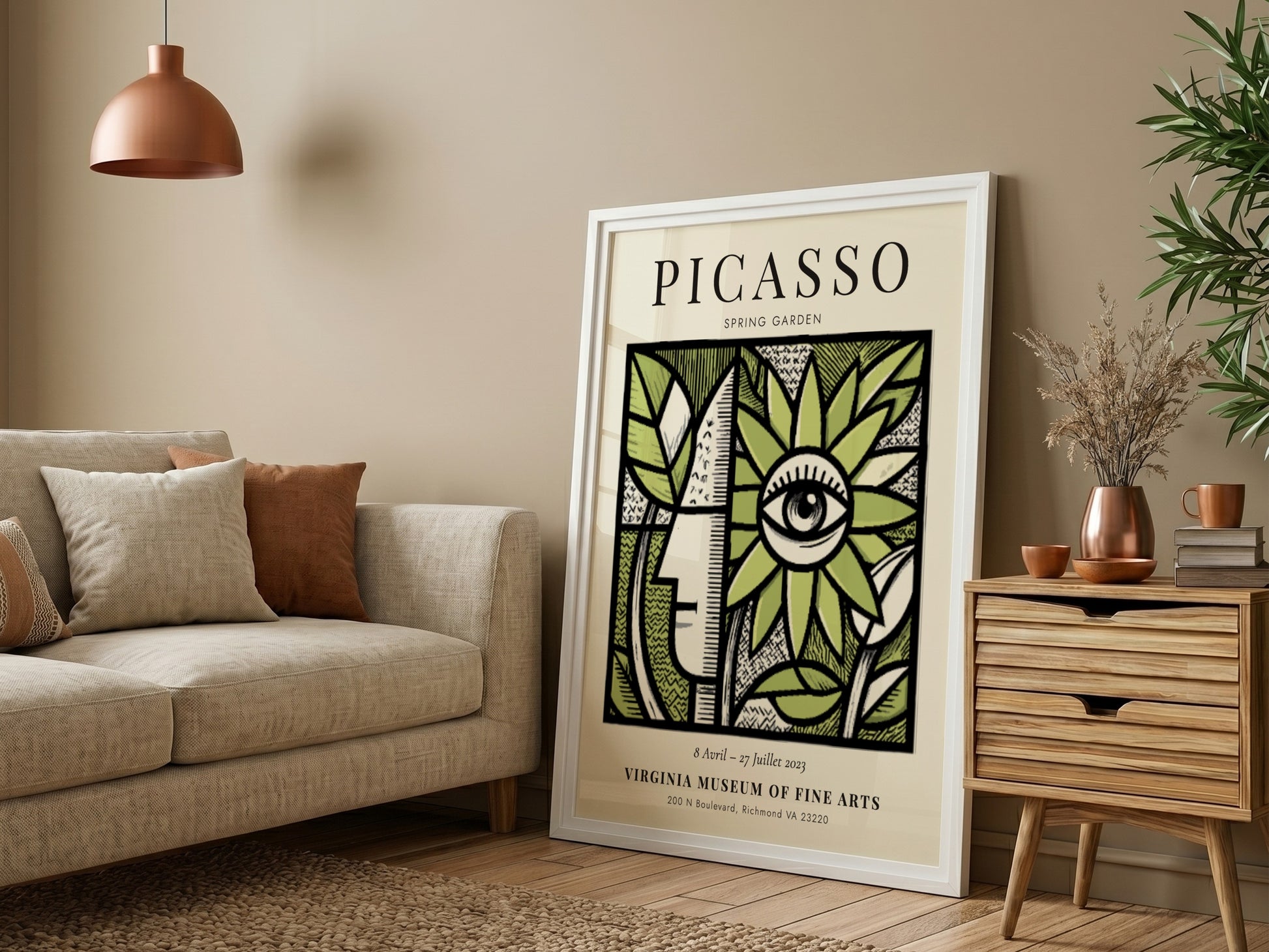 Spring Garden poster featuring vibrant green foliage and abstract design in Picasso style