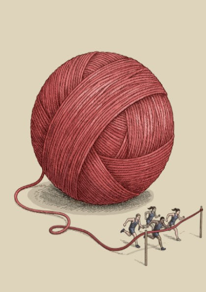 Poster featuring runners sprinting toward a finish line unraveling from a giant red yarn ball.