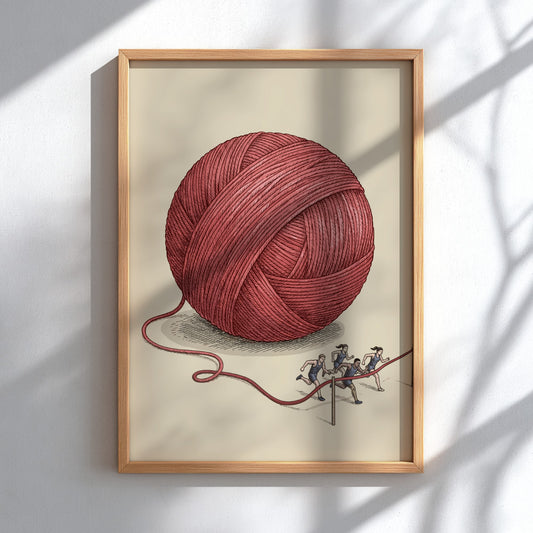 Poster featuring runners sprinting toward a finish line unraveling from a giant red yarn ball.