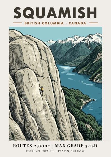 Poster of a climber on Squamish granite cliffs with mountains and water scenery.