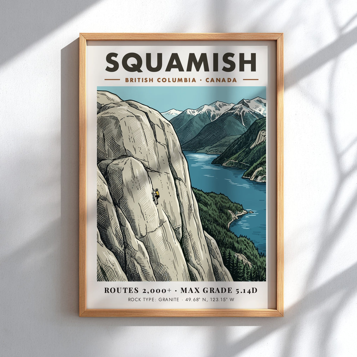 Poster of a climber on Squamish granite cliffs with mountains and water scenery.