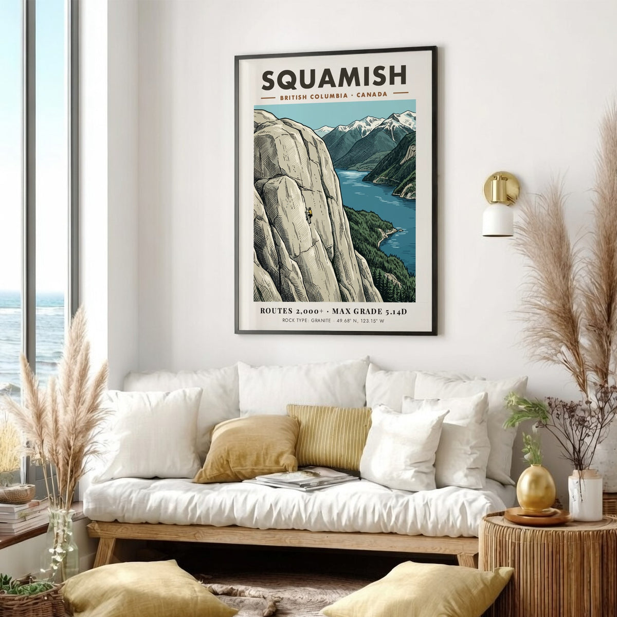Poster of a climber on Squamish granite cliffs with mountains and water scenery.