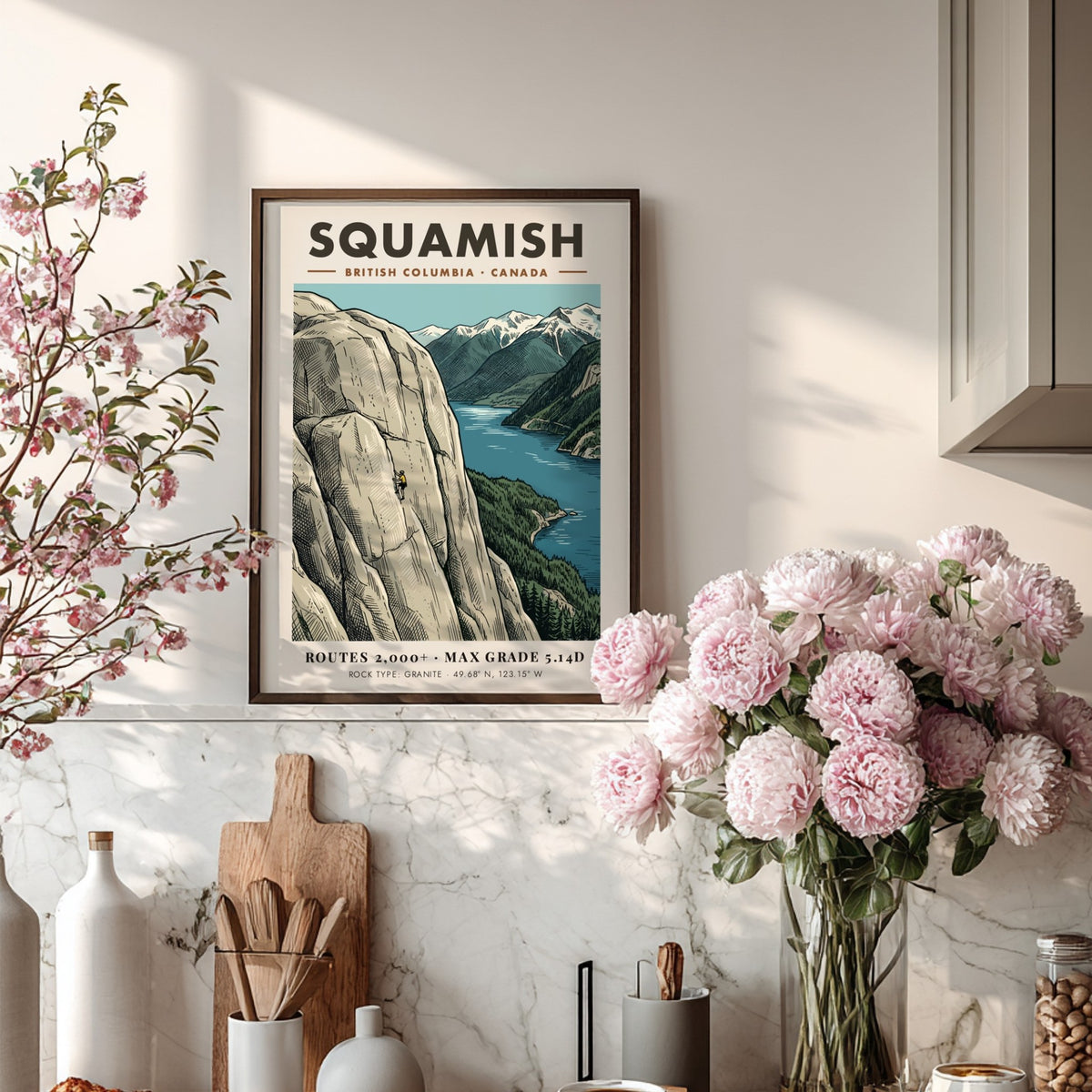 Poster of a climber on Squamish granite cliffs with mountains and water scenery.