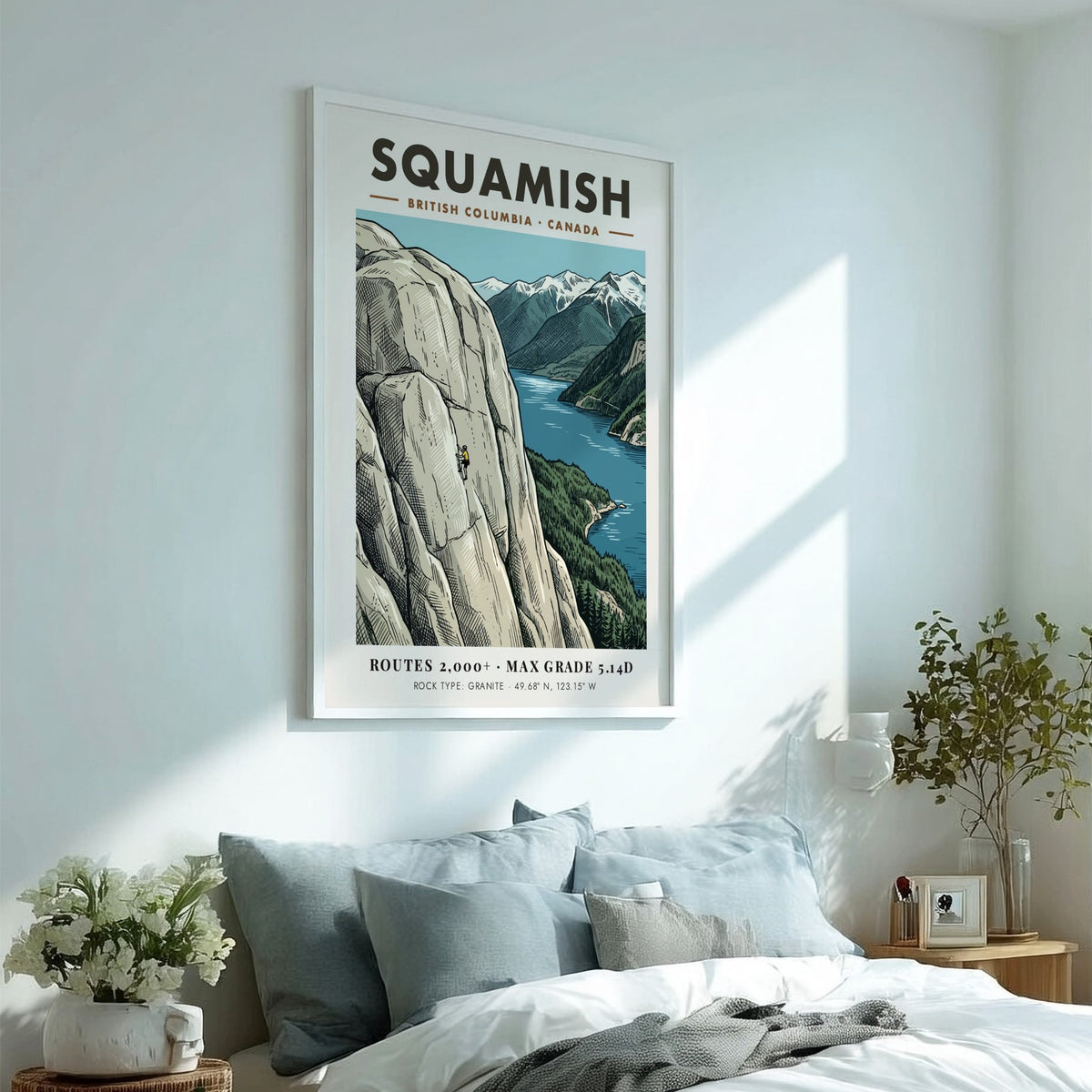 Poster of a climber on Squamish granite cliffs with mountains and water scenery.