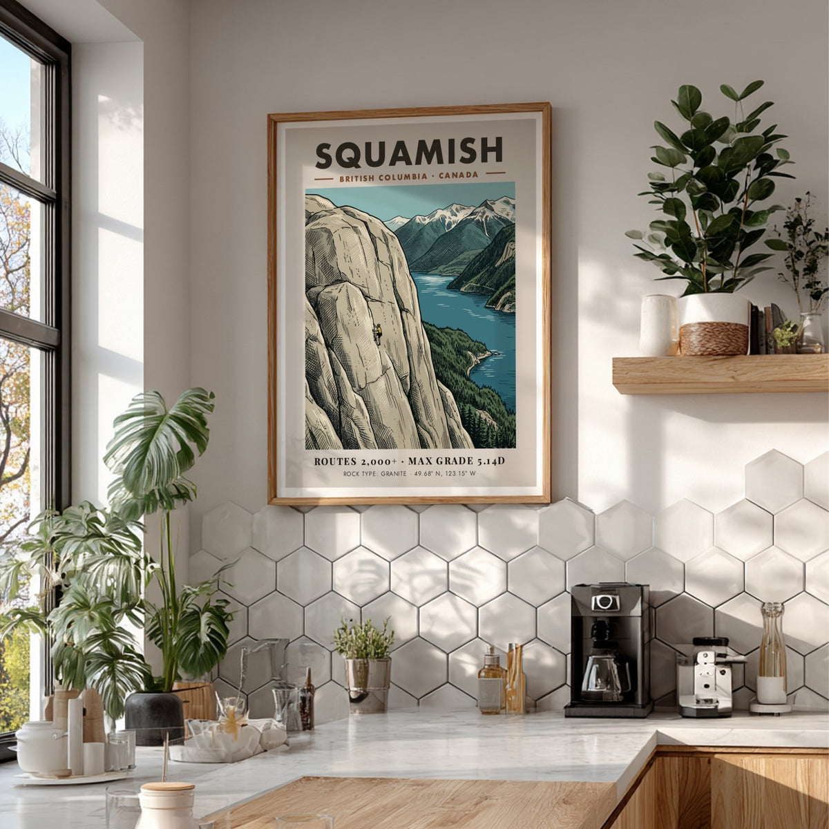 Poster of a climber on Squamish granite cliffs with mountains and water scenery.