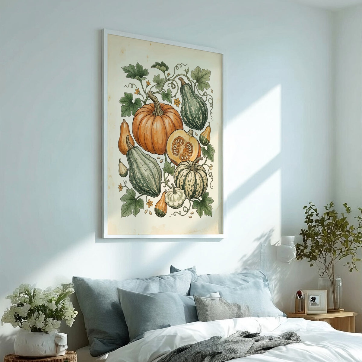 Poster featuring an illustration of pumpkins and squash with vines on parchment paper