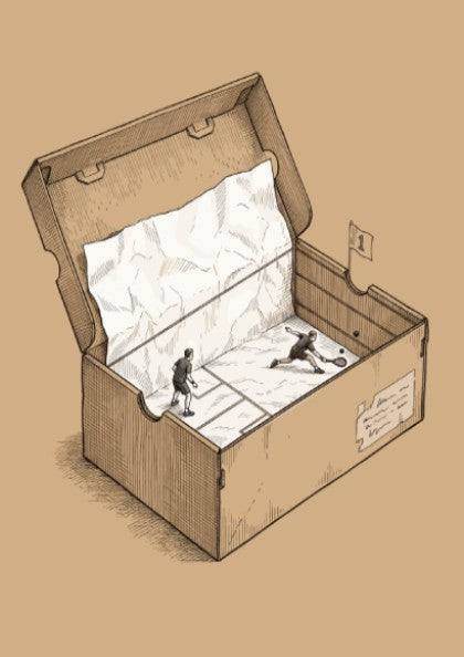 Poster featuring two squash players competing inside a cardboard shoebox with tissue paper