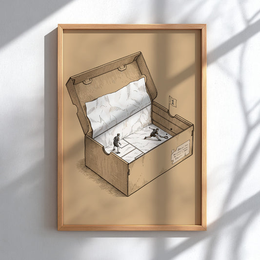 Poster featuring two squash players competing inside a cardboard shoebox with tissue paper