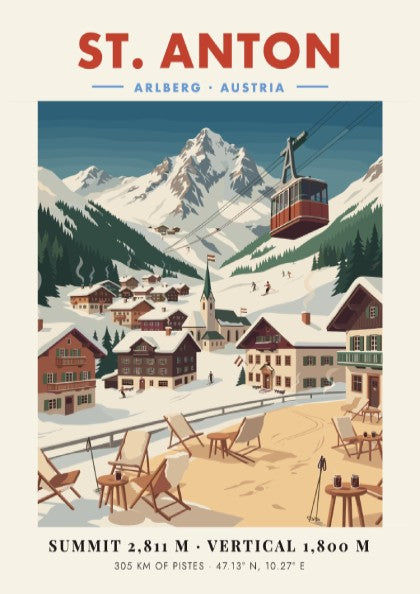 St. Anton ski resort poster featuring mountains and village in vintage style