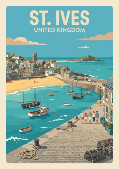 Poster of St. Ives United Kingdom showing a harbour with boats and people