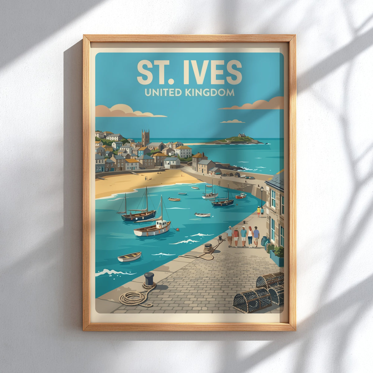 Poster of St. Ives United Kingdom showing a harbour with boats and people
