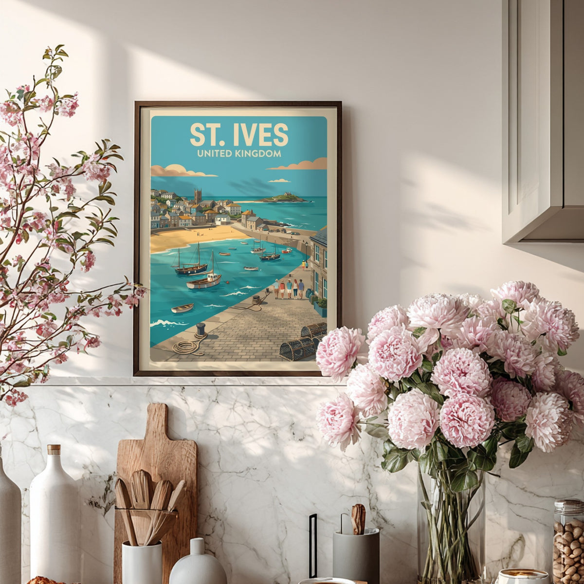 Poster of St. Ives United Kingdom showing a harbour with boats and people