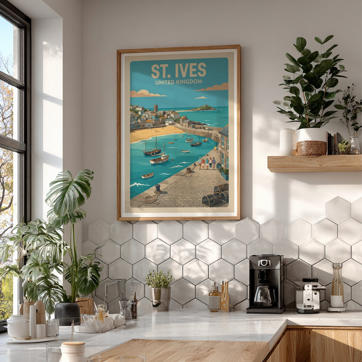 Poster of St. Ives United Kingdom showing a harbour with boats and people