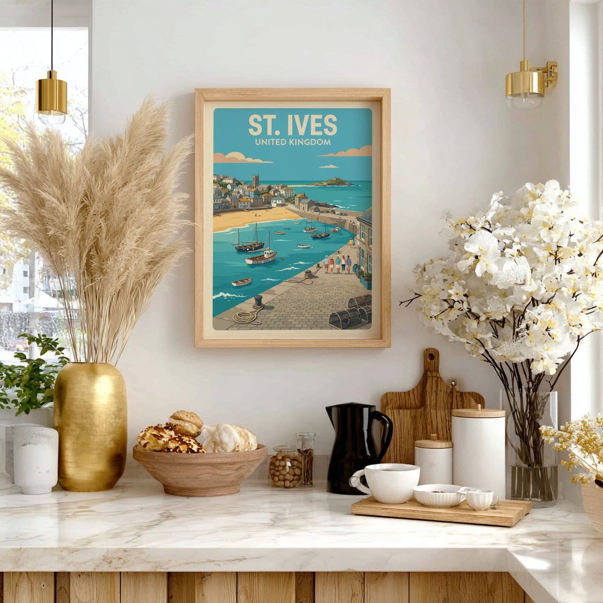 Poster of St. Ives United Kingdom showing a harbour with boats and people