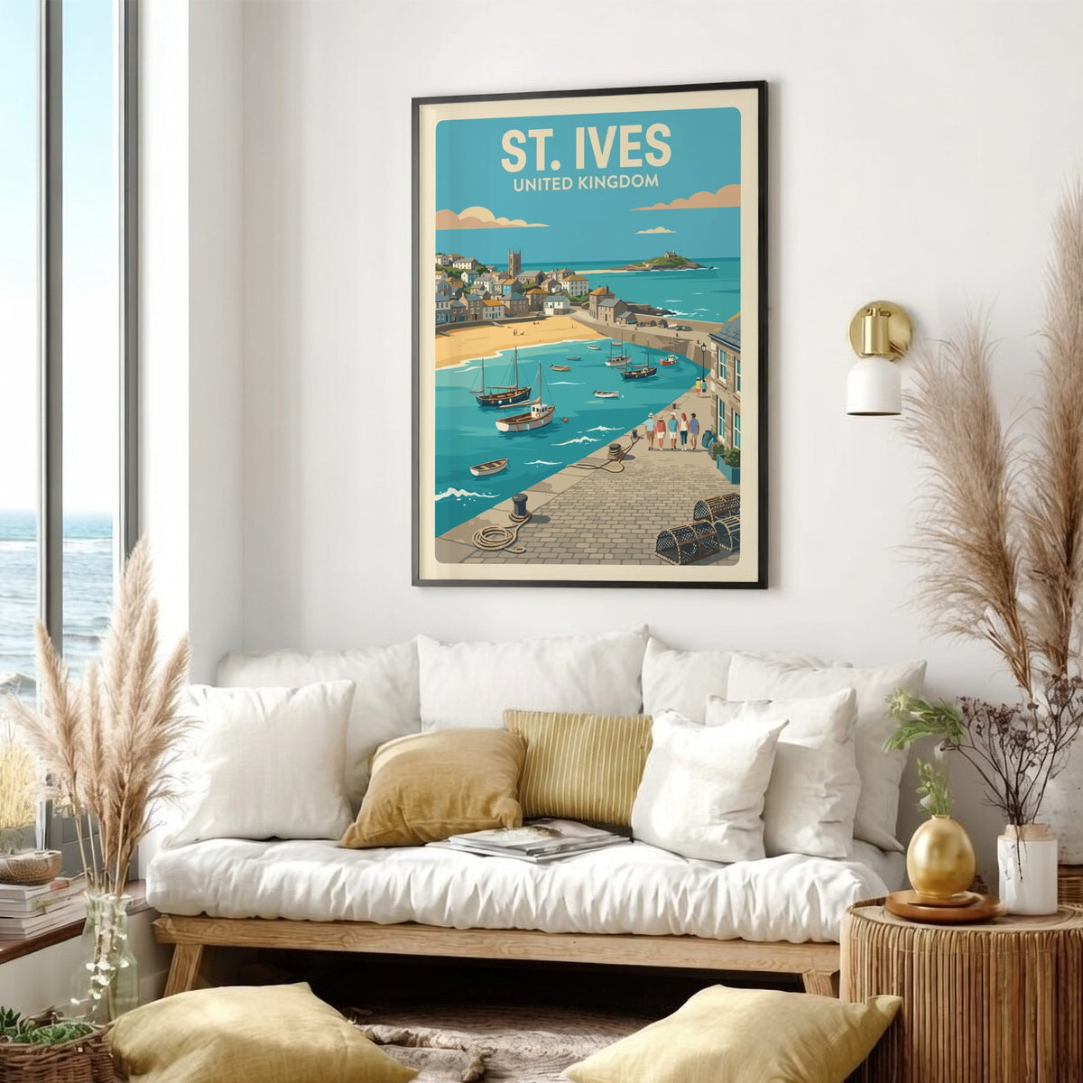 Poster of St. Ives United Kingdom showing a harbour with boats and people