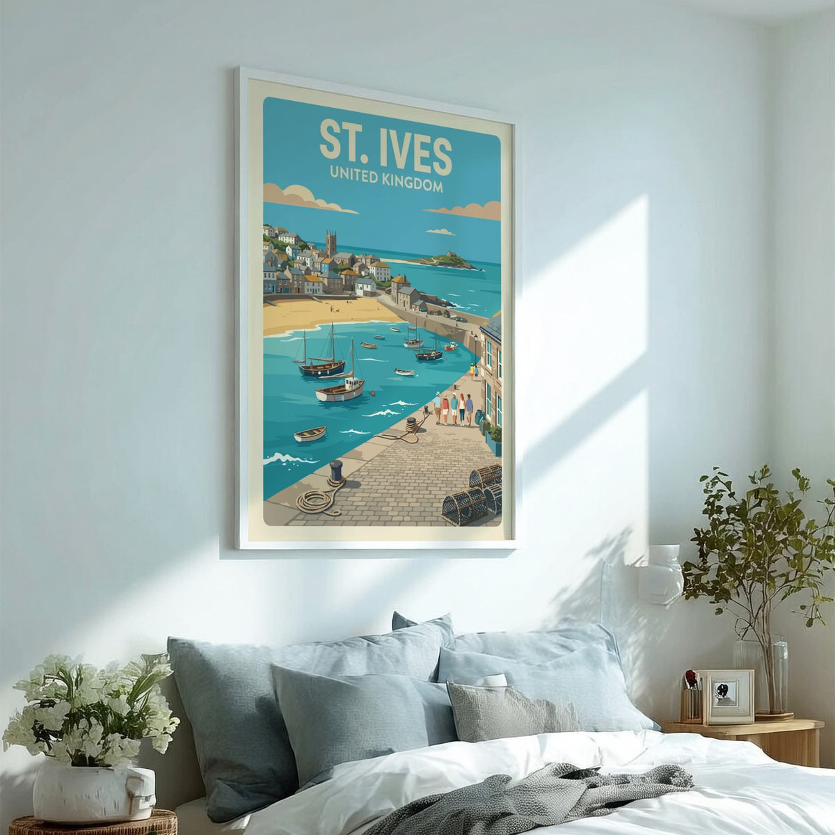 Poster of St. Ives United Kingdom showing a harbour with boats and people