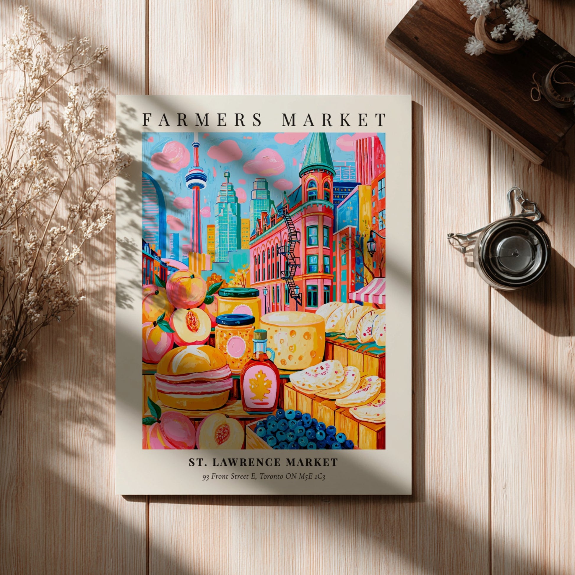 St. Lawrence Market poster featuring colorful produce and Toronto skyline, vibrant farmers market art print