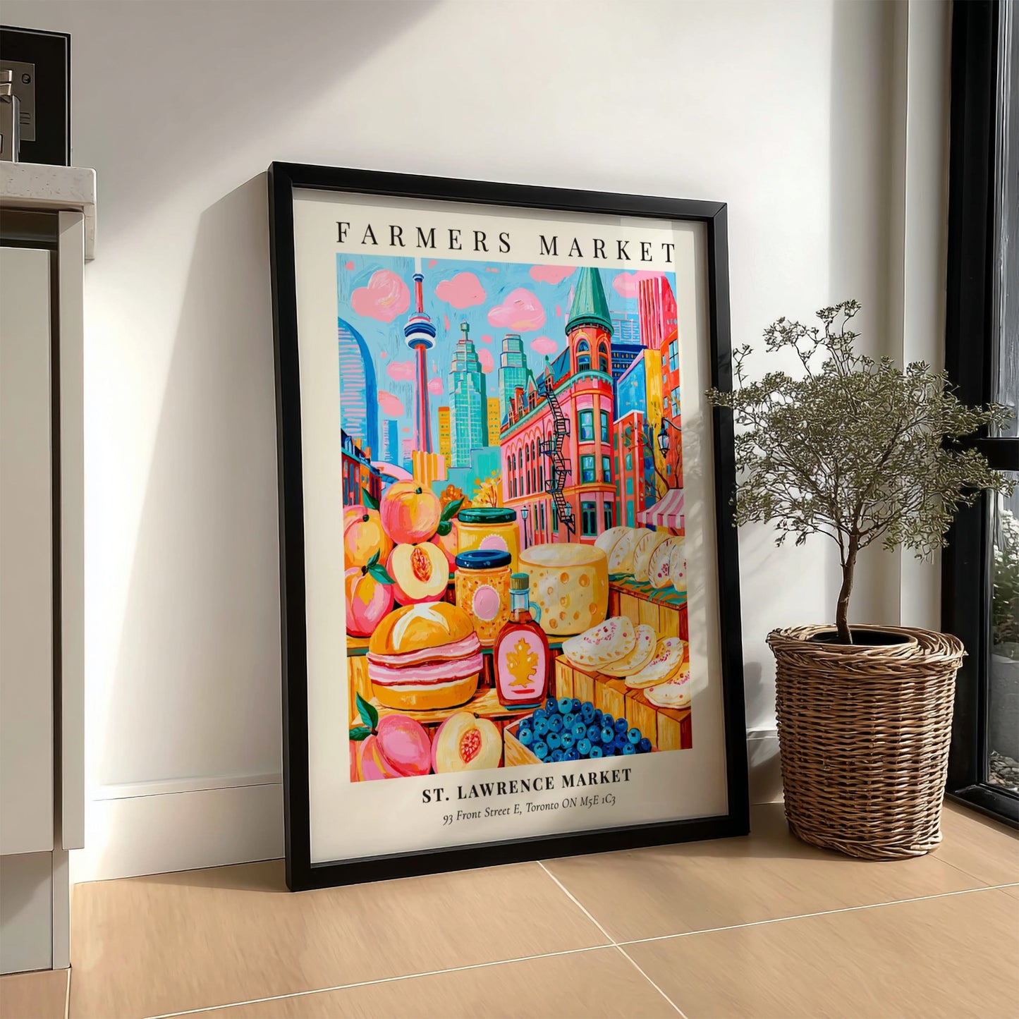 St. Lawrence Market poster featuring colorful produce and Toronto skyline, vibrant farmers market art print