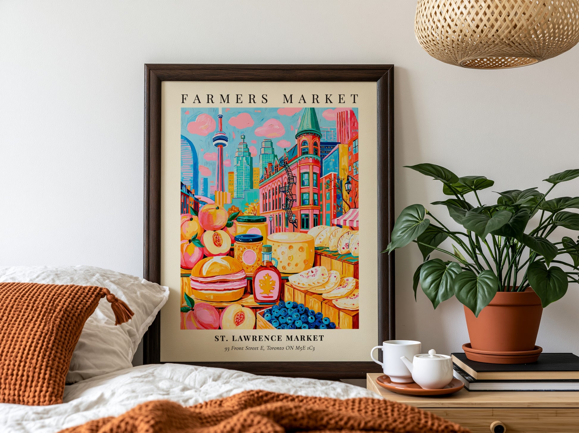 St. Lawrence Market poster featuring colorful produce and Toronto skyline, vibrant farmers market art print