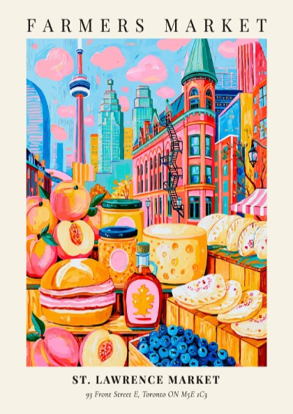 St. Lawrence Market poster featuring colorful produce and Toronto skyline, vibrant farmers market art print