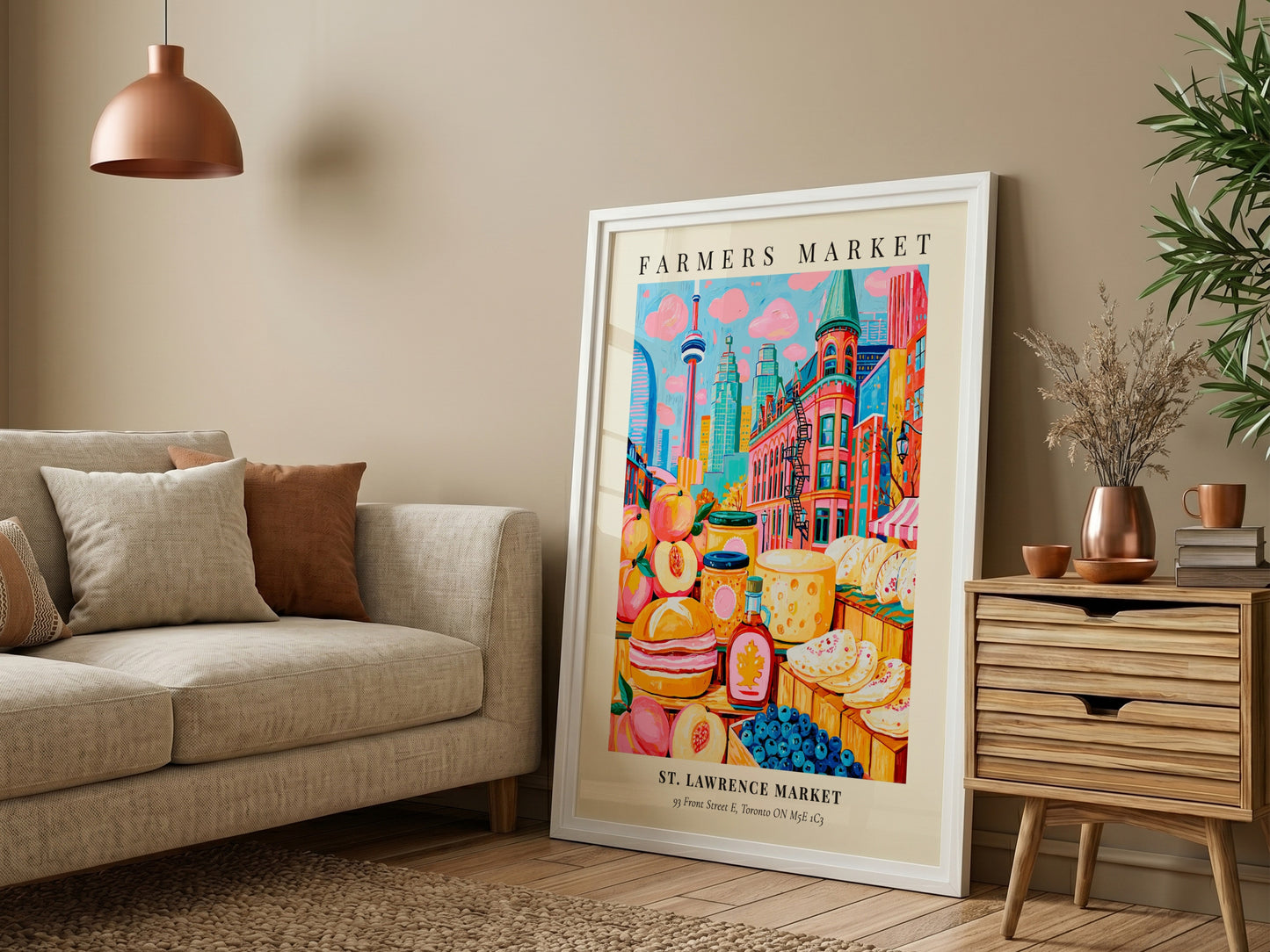St. Lawrence Market poster featuring colorful produce and Toronto skyline, vibrant farmers market art print