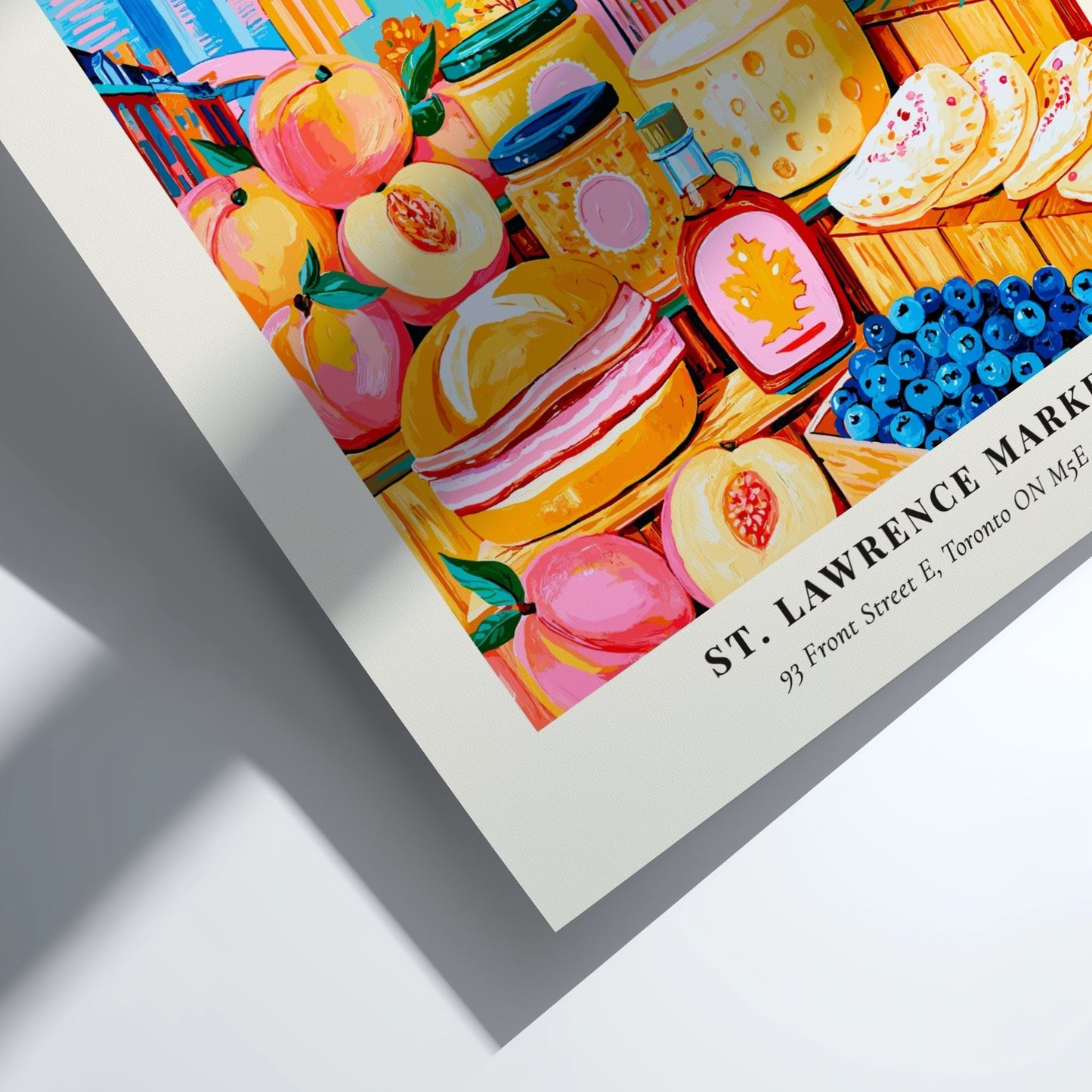 St. Lawrence Market poster featuring colorful produce and Toronto skyline, vibrant farmers market art print