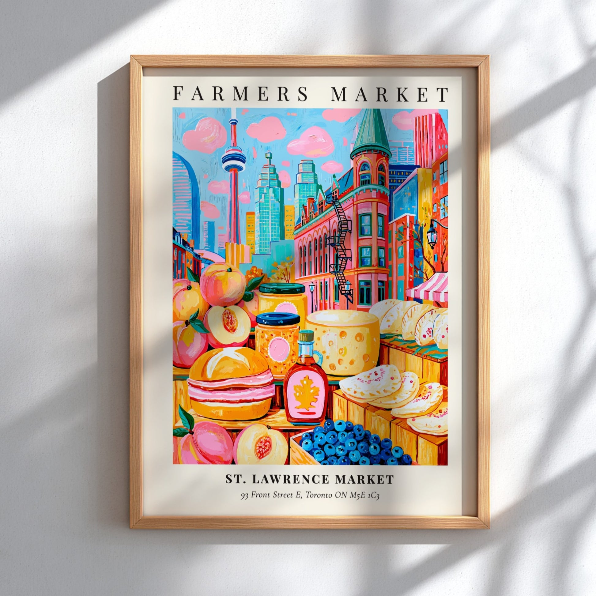 St. Lawrence Market poster featuring colorful produce and Toronto skyline, vibrant farmers market art print