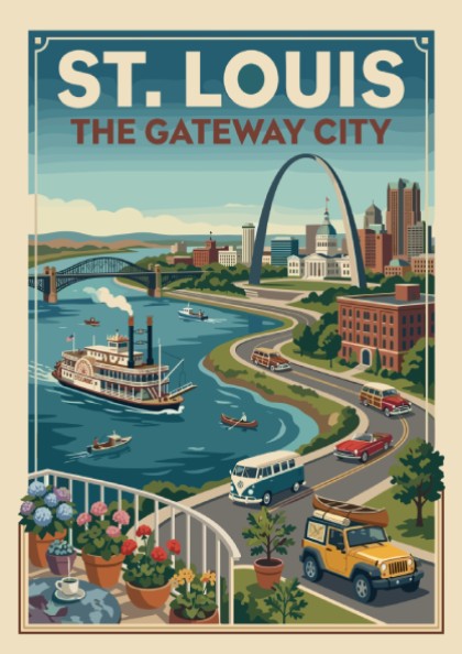 Retro St. Louis travel poster featuring the Gateway Arch, riverboat, and vintage cars with a blue sky and