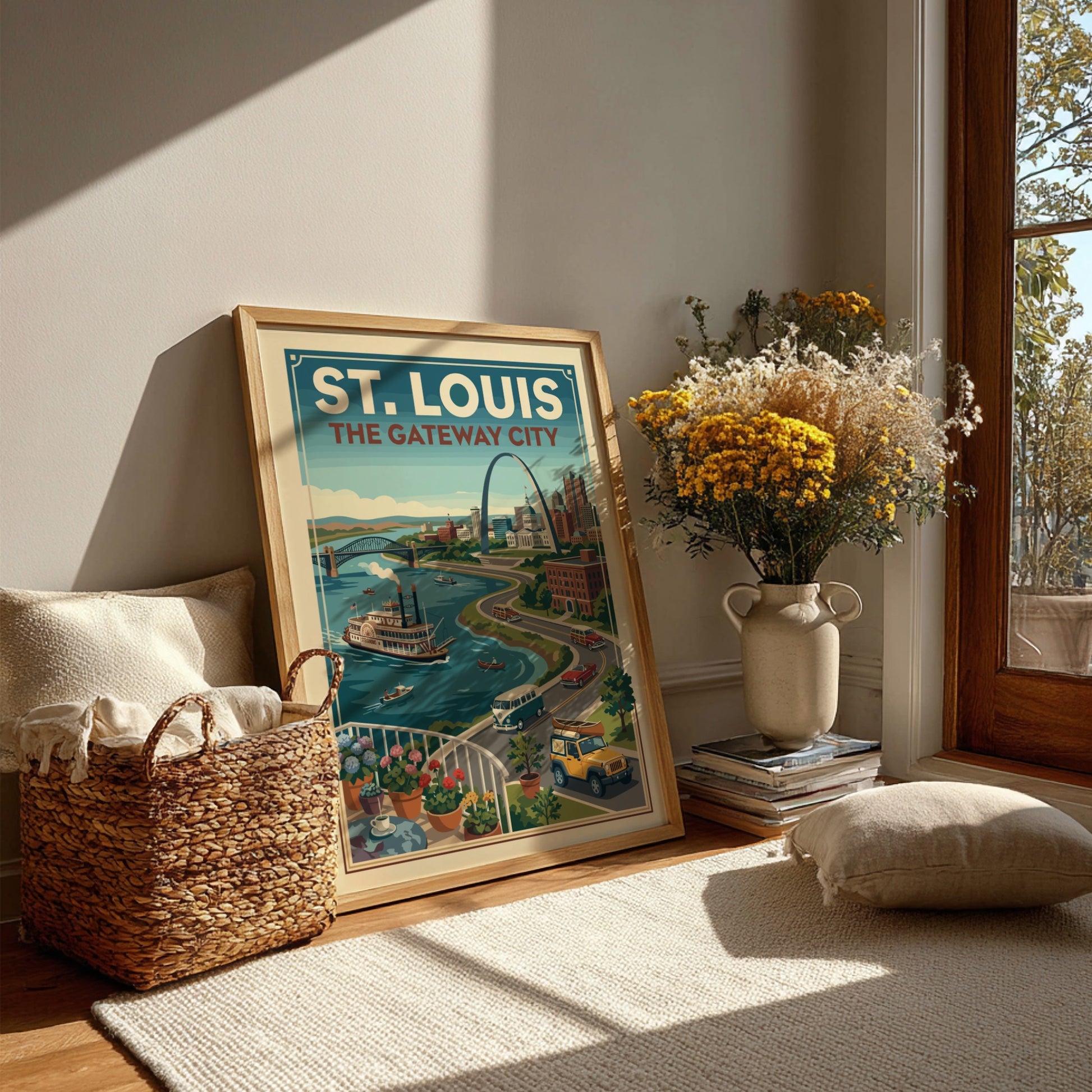 Retro St. Louis travel poster featuring the Gateway Arch, riverboat, and vintage cars with a blue sky and