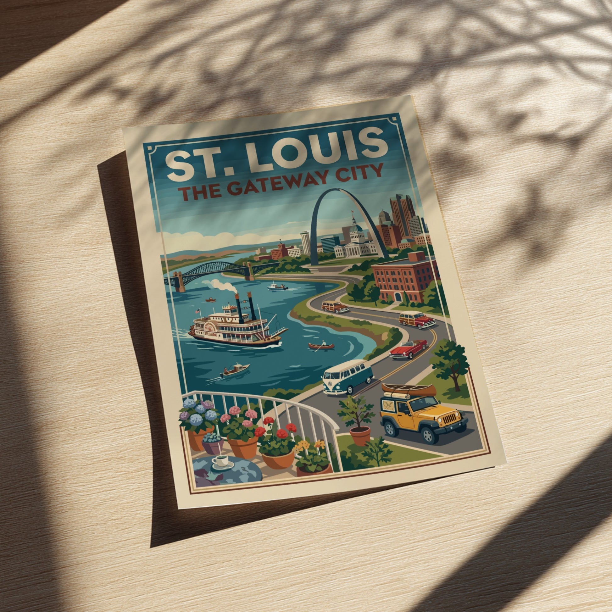 Retro St. Louis travel poster featuring the Gateway Arch, riverboat, and vintage cars with a blue sky and