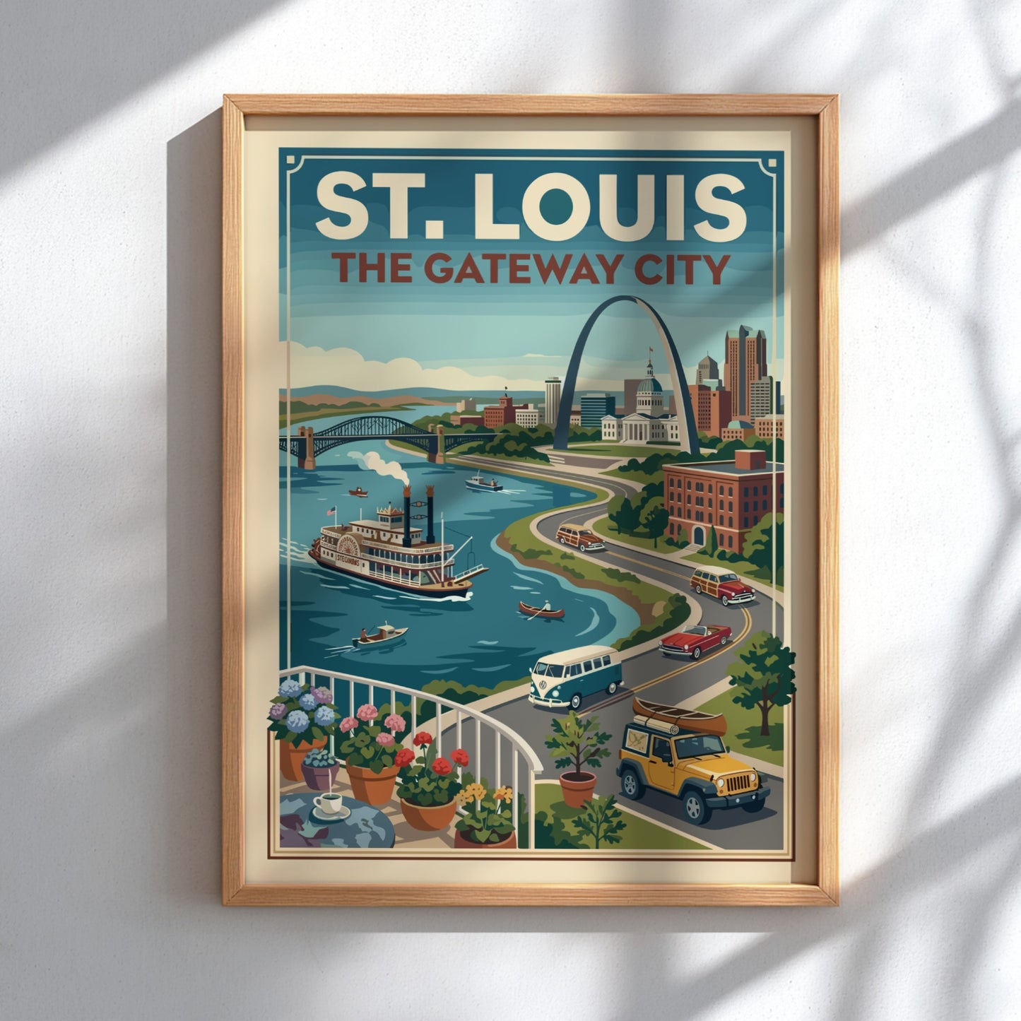 Retro St. Louis travel poster featuring the Gateway Arch, riverboat, and vintage cars with a blue sky and