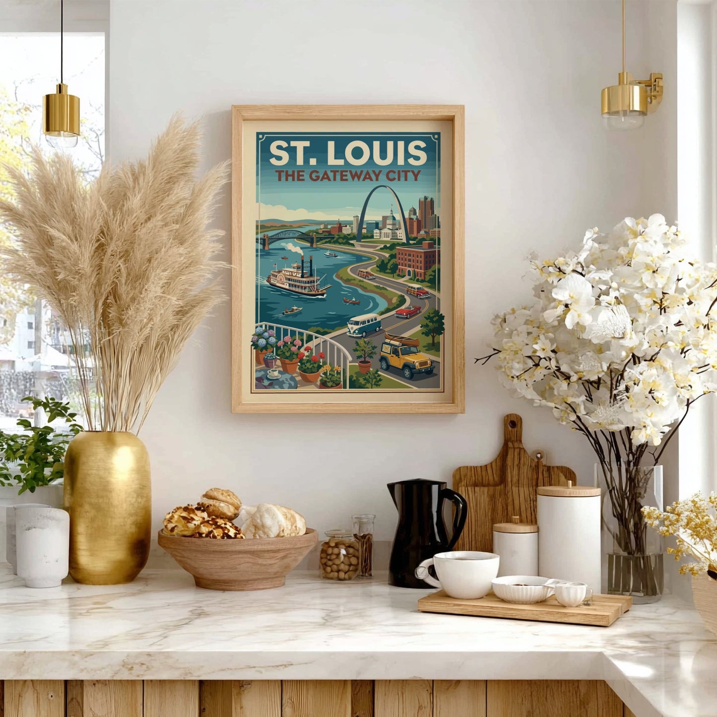 Retro St. Louis travel poster featuring the Gateway Arch, riverboat, and vintage cars with a blue sky and