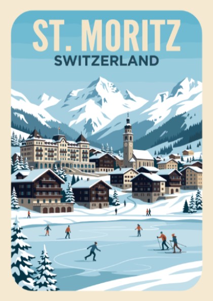 Travel poster of St. Moritz Switzerland featuring snow-capped mountains and ice skaters on lake.
