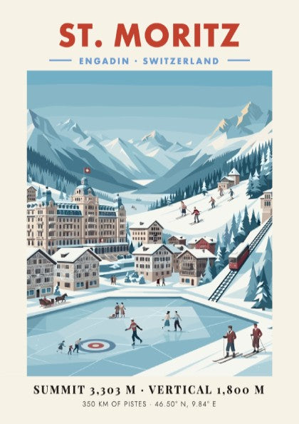 St. Moritz ski resort poster featuring skiers, mountains, and chalets in a vintage style