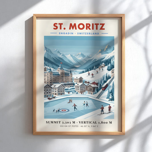 St. Moritz ski resort poster featuring skiers, mountains, and chalets in a vintage style