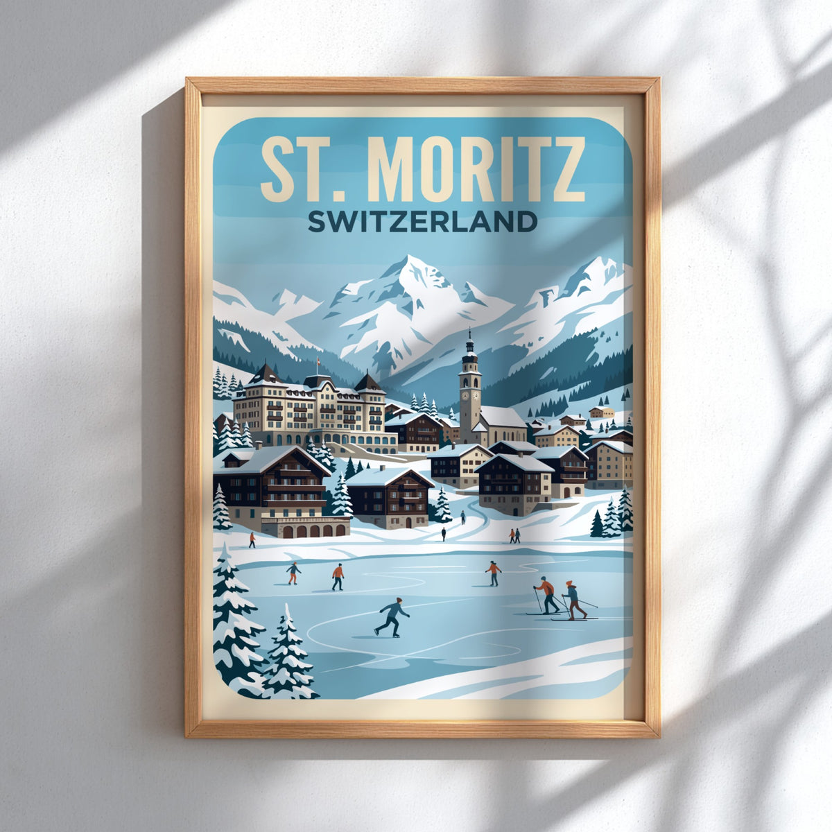 Travel poster of St. Moritz Switzerland featuring snow-capped mountains and ice skaters on lake.