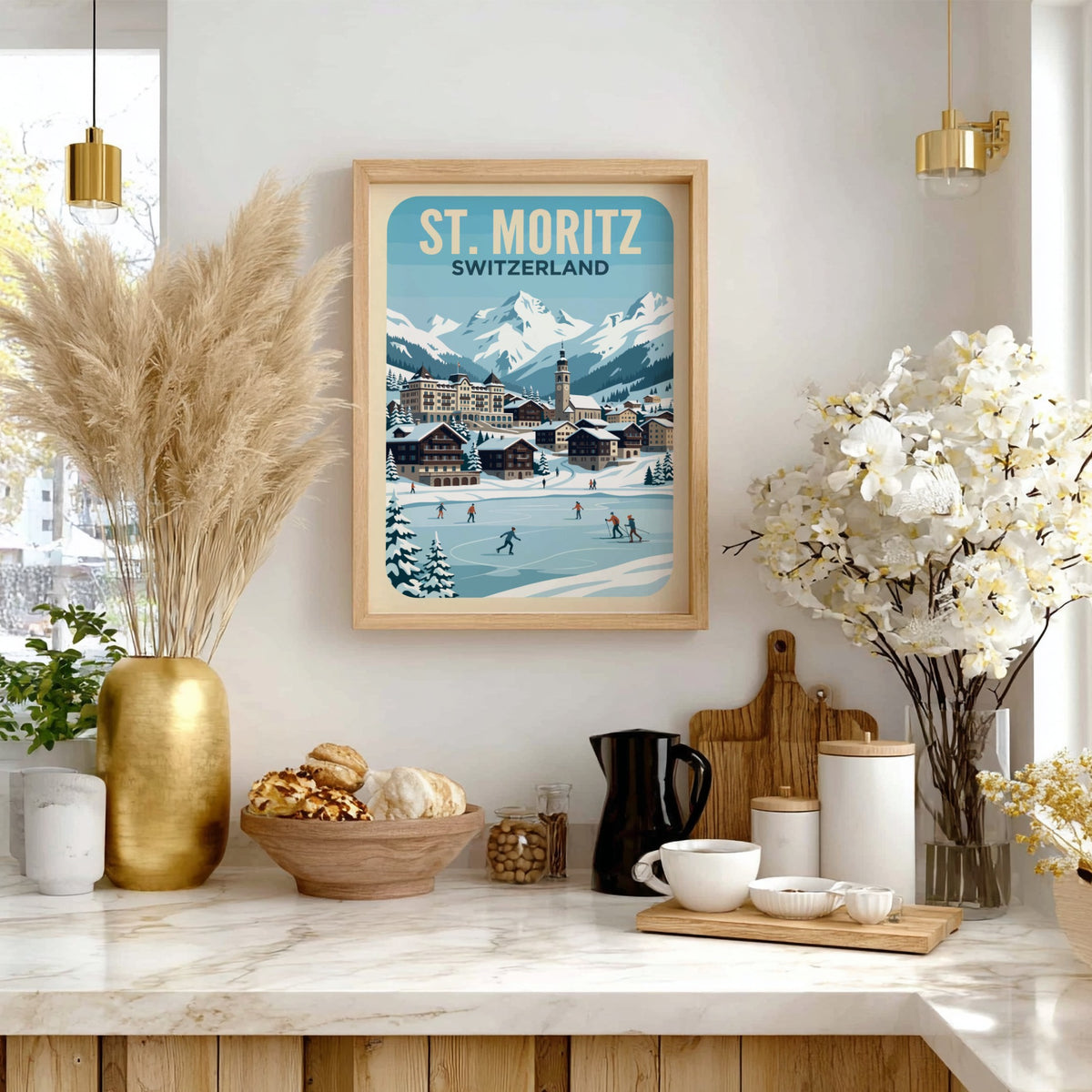 Travel poster of St. Moritz Switzerland featuring snow-capped mountains and ice skaters on lake.