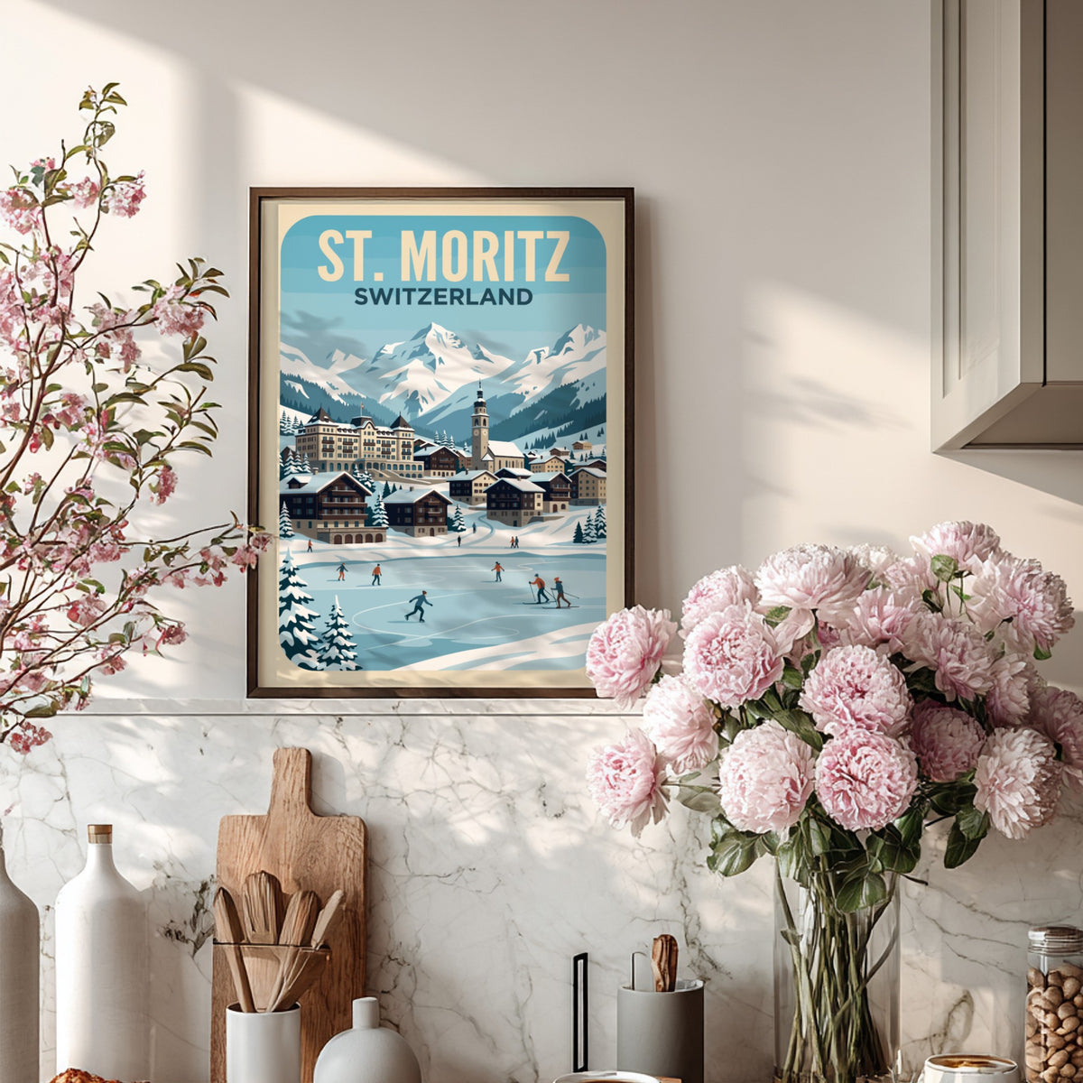 Travel poster of St. Moritz Switzerland featuring snow-capped mountains and ice skaters on lake.