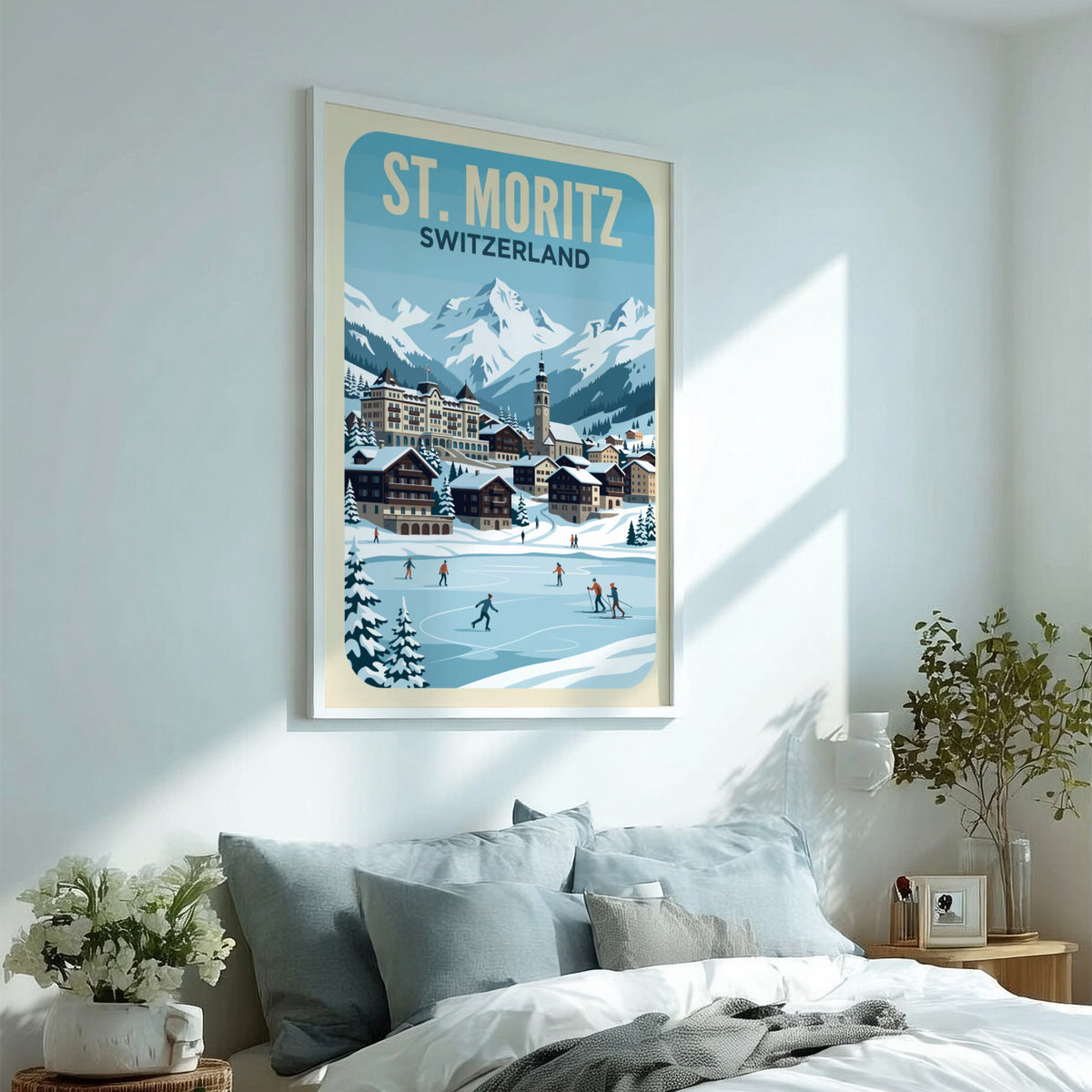 Travel poster of St. Moritz Switzerland featuring snow-capped mountains and ice skaters on lake.