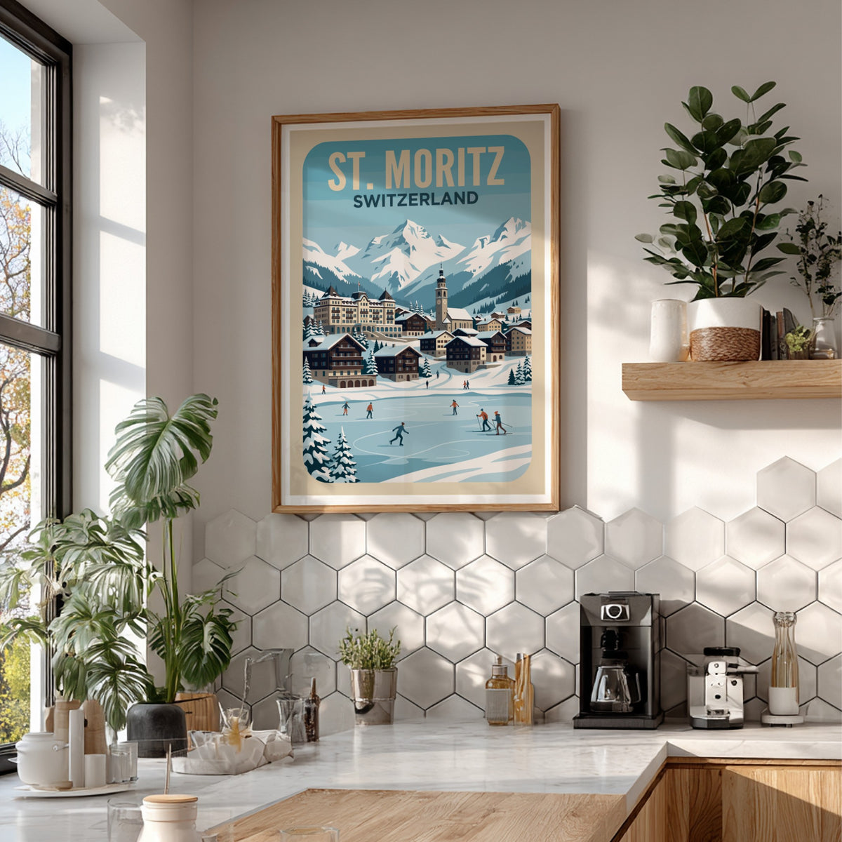 Travel poster of St. Moritz Switzerland featuring snow-capped mountains and ice skaters on lake.