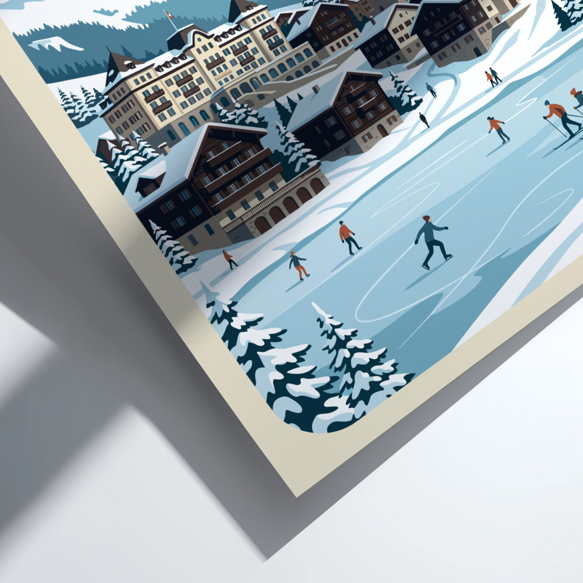 Travel poster of St. Moritz Switzerland featuring snow-capped mountains and ice skaters on lake.