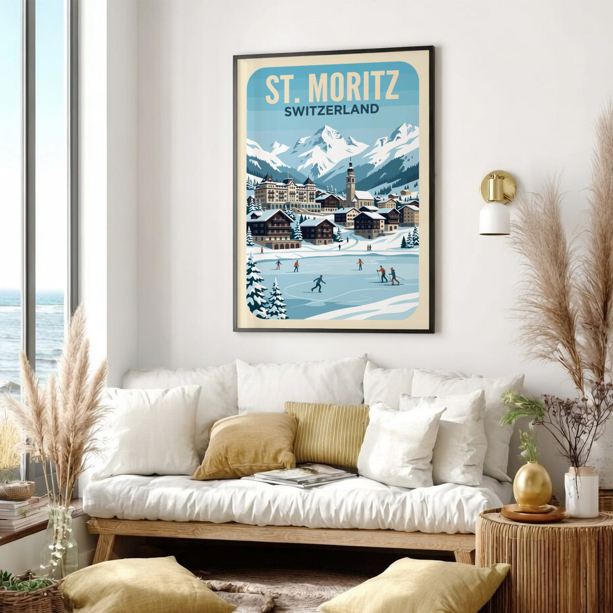 Travel poster of St. Moritz Switzerland featuring snow-capped mountains and ice skaters on lake.