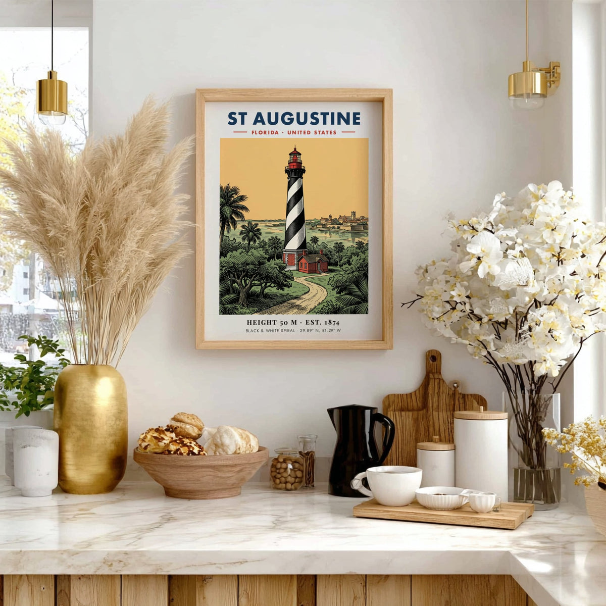 Poster of the St Augustine lighthouse with a black and white spiral pattern