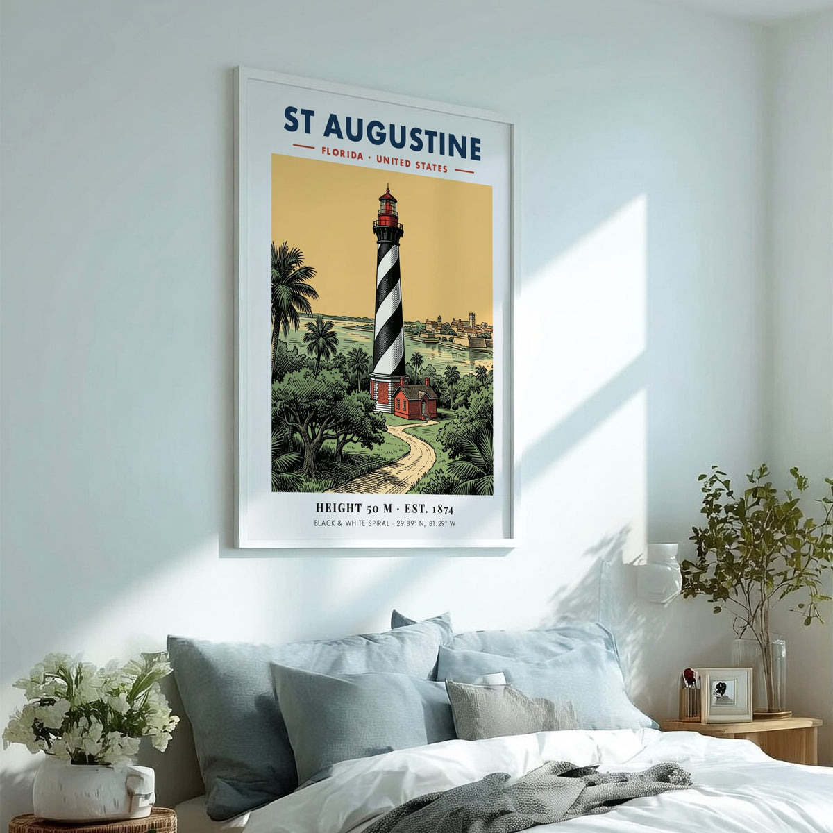 Poster of the St Augustine lighthouse with a black and white spiral pattern
