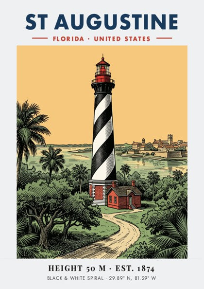 Poster of the St Augustine lighthouse with a black and white spiral pattern