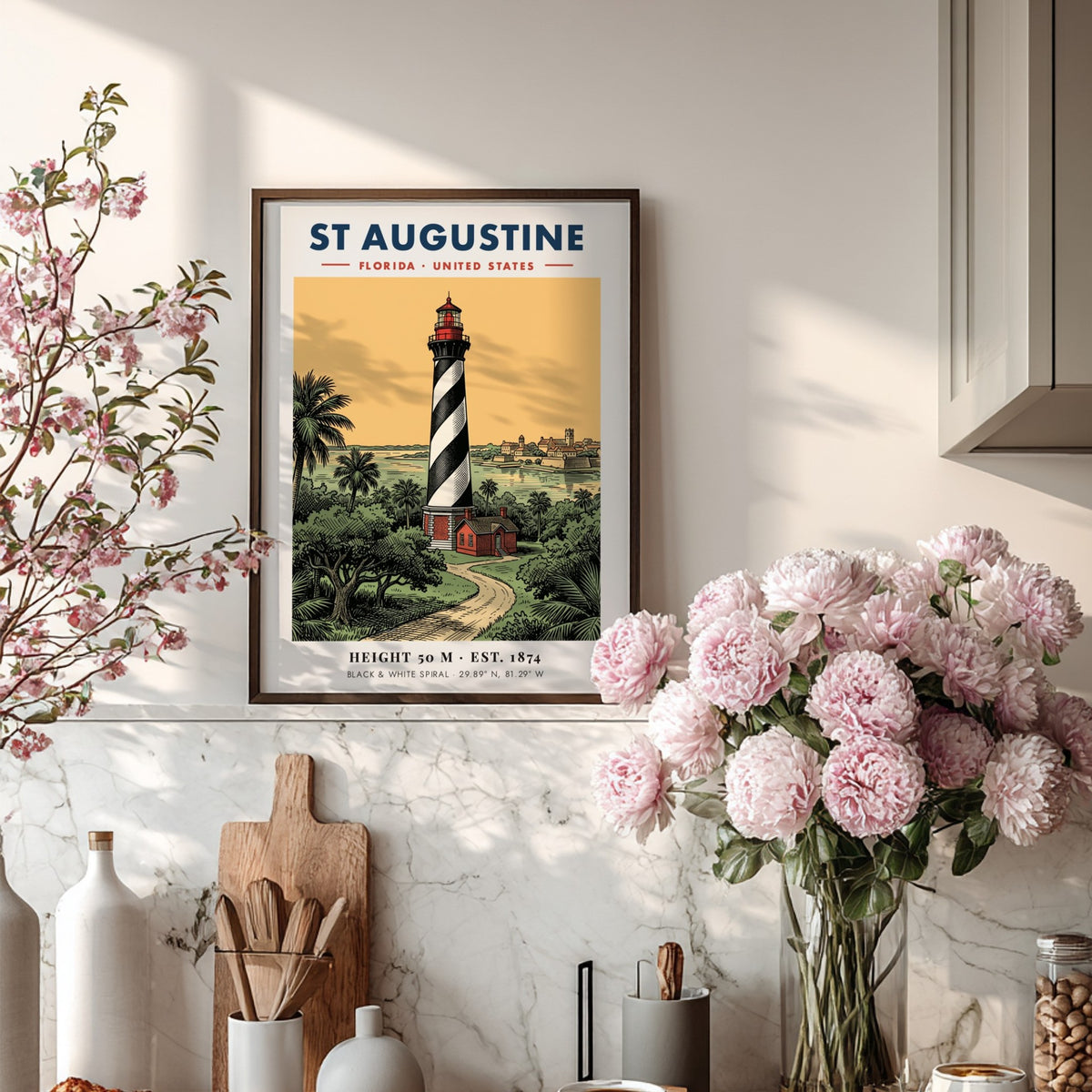 Poster of the St Augustine lighthouse with a black and white spiral pattern