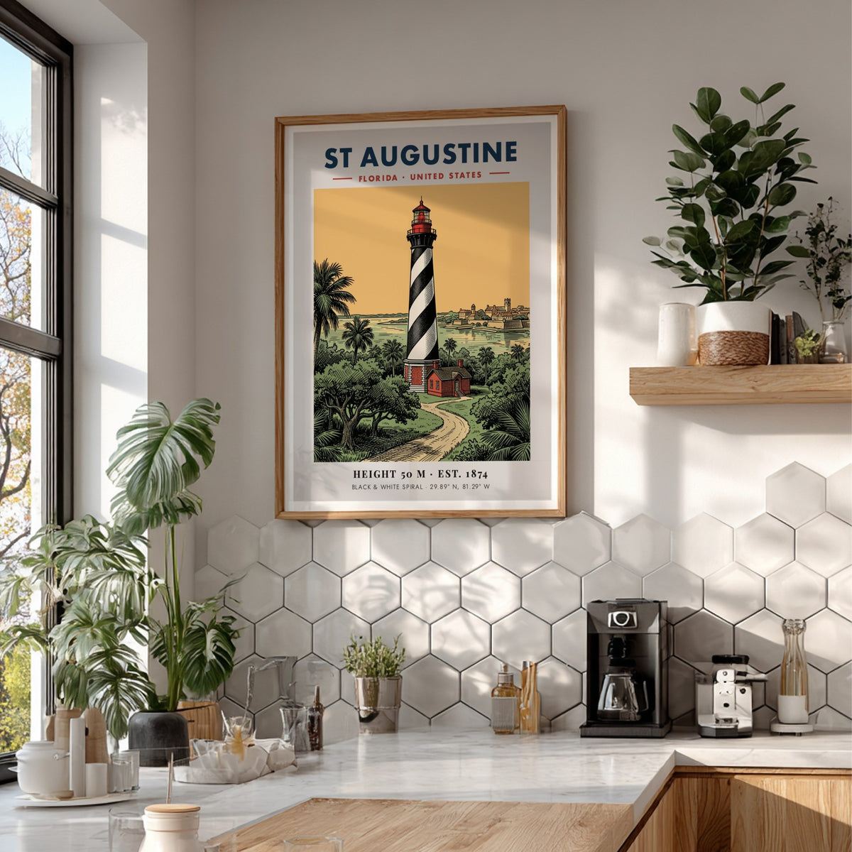 Poster of the St Augustine lighthouse with a black and white spiral pattern