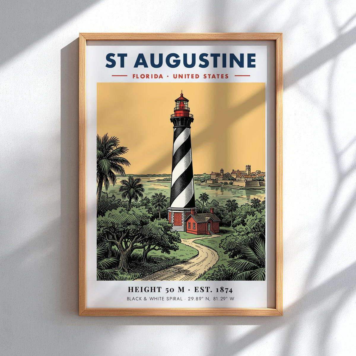 Poster of the St Augustine lighthouse with a black and white spiral pattern